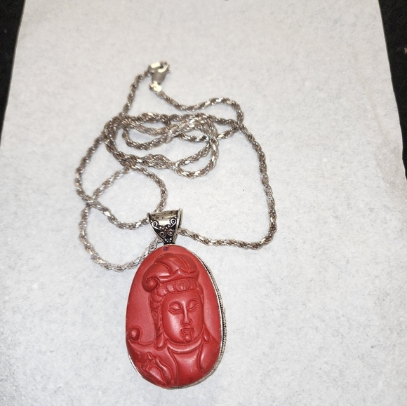 Vintage Sterling‎ and cinnabar Buddha necklace NWOT - Picture 15 of 16